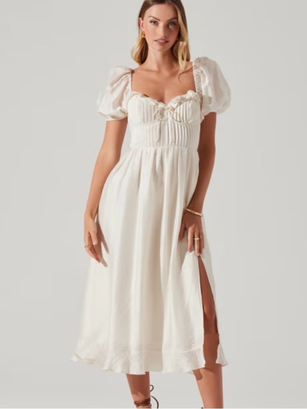 Astr Cream Puff-Sleeve Midi Dress with Tie-Front Bodice